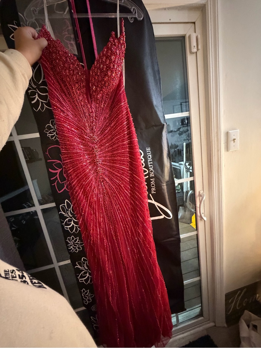 Portia and Scarlett Deep Red Beaded V-Neck Prom Dress